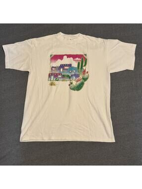 White vintage graphic t-shirt with a cool desert scene #desertvibes